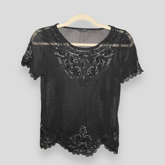 Express Black Whimsygoth Sequined Mesh Sheer Top Size XS - Vintage Express - Picture 2 of 10